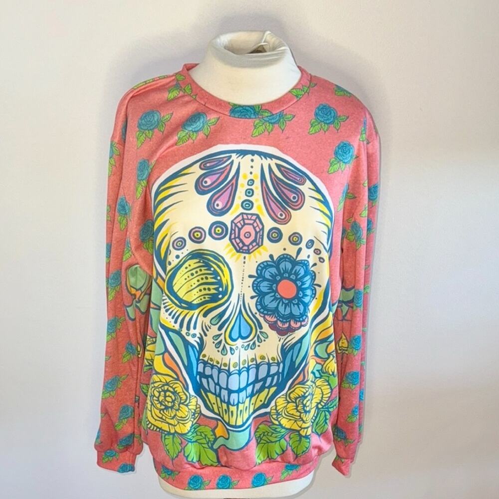*6/$35* Skull Graphic Sweatshirt Extra Large Pink Blue New Without Tags